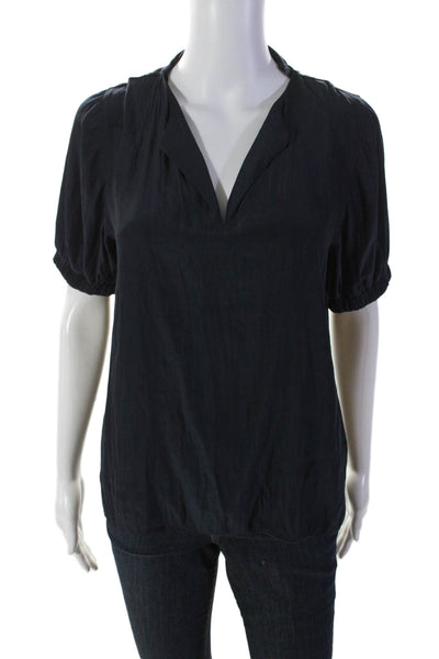 Lola & Sophie Womens V-Neck Ruched Short Sleeve Pullover Blouse Blue Size XS