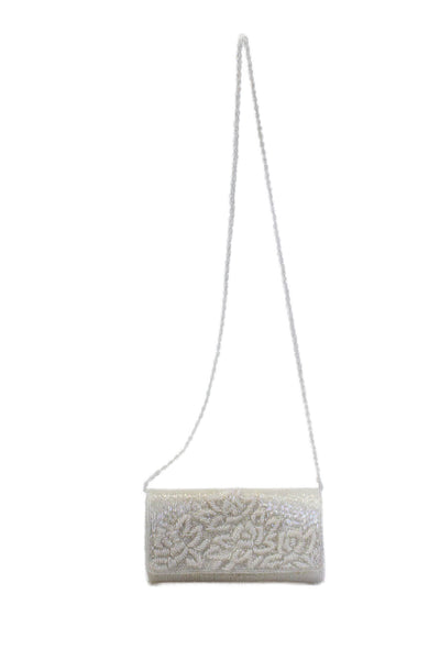 La Regale Womens Beaded Rectangular Snap Closure Shoulder Bag Handbag White