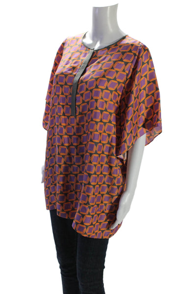 Lafayette 148 New York Womens Silk Purple Printed Henley Blouse Top Size S