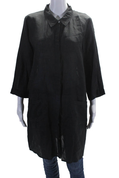 Xinrui Women's Collared Short Sleeves Sheer Button Down Tunic Black Size 8