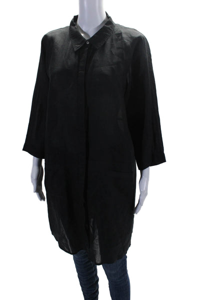 Xinrui Women's Collared Short Sleeves Sheer Button Down Tunic Black Size 8