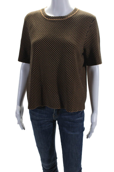 Adrianna Papell Womens Knit Check Print Short Sleeve Boxy T-Shirt Brown Size L