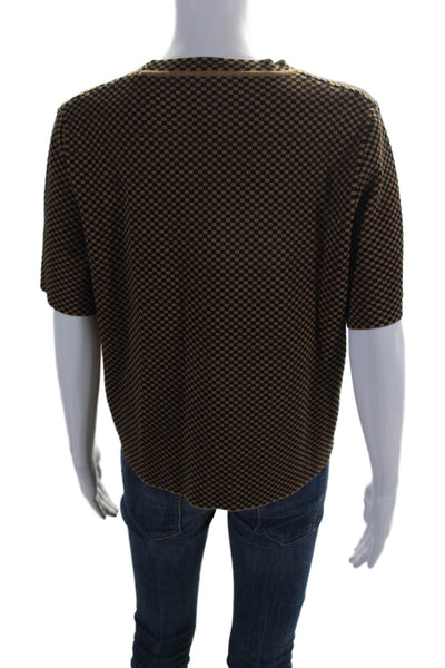 Adrianna Papell Womens Knit Check Print Short Sleeve Boxy T-Shirt Brown Size L