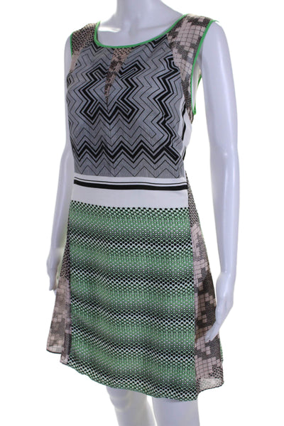 W118 By Walter Baker Womens Abstract Print Zipped Fit & Flare Dress Green Size M