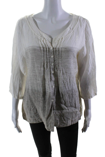 Rosso35 Womens Linen Cream Beige Ombra Henley 3/4 Sleeve Blouse Top Size 46