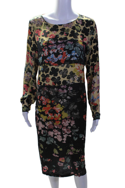 Dries Van Noten Womens Black Floral Crew Neck Long Sleeve Shift Dress Size 40