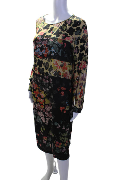 Dries Van Noten Womens Black Floral Crew Neck Long Sleeve Shift Dress Size 40