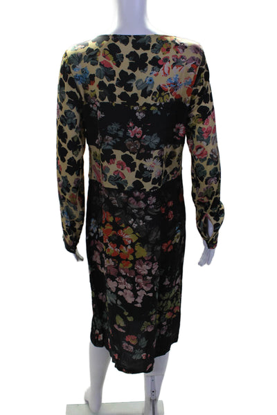 Dries Van Noten Womens Black Floral Crew Neck Long Sleeve Shift Dress Size 40