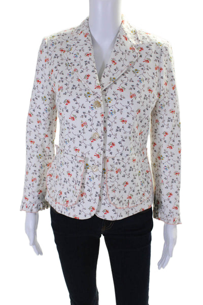 Rebecca Taylor Womens Cotton Twill Floral Print Three Button Blazer White Size 4