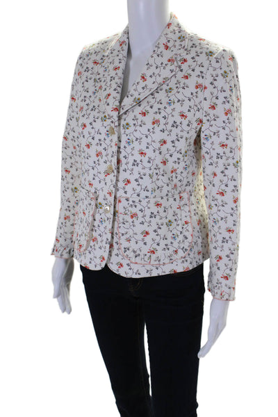 Rebecca Taylor Womens Cotton Twill Floral Print Three Button Blazer White Size 4