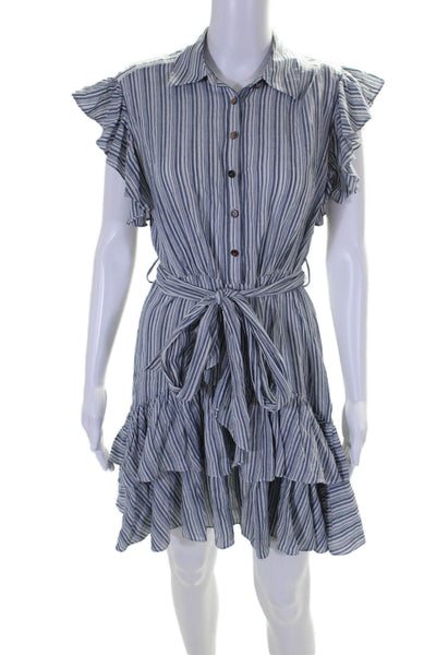 Rebecca Taylor Womens Cotton Striped Print Ruffled Hem Tiered Dress Blue Size 4