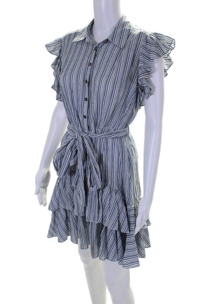 Rebecca Taylor Womens Cotton Striped Print Ruffled Hem Tiered Dress Blue Size 4