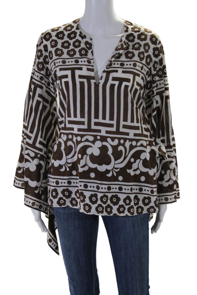 Virginia Witbeck Womens Abstract Print V Neck Bell Sleeve Tunic Brown Size S