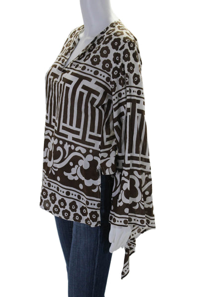 Virginia Witbeck Womens Abstract Print V Neck Bell Sleeve Tunic Brown Size S