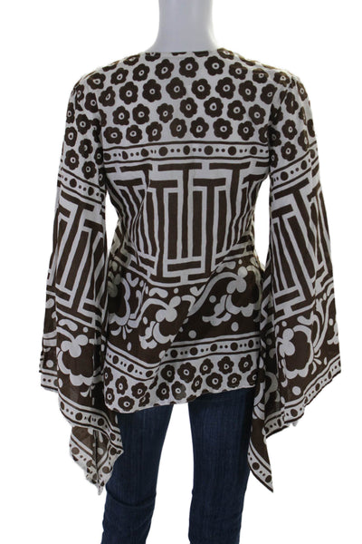 Virginia Witbeck Womens Abstract Print V Neck Bell Sleeve Tunic Brown Size S