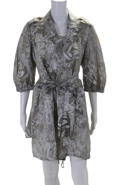 Armani Collezioni Womens Silk Blend Floral Print Belted Coat Gray White Size 4