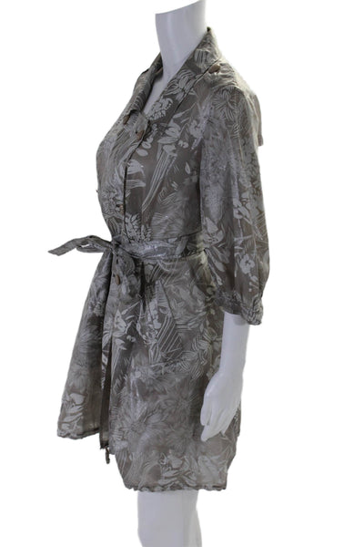 Armani Collezioni Womens Silk Blend Floral Print Belted Coat Gray White Size 4