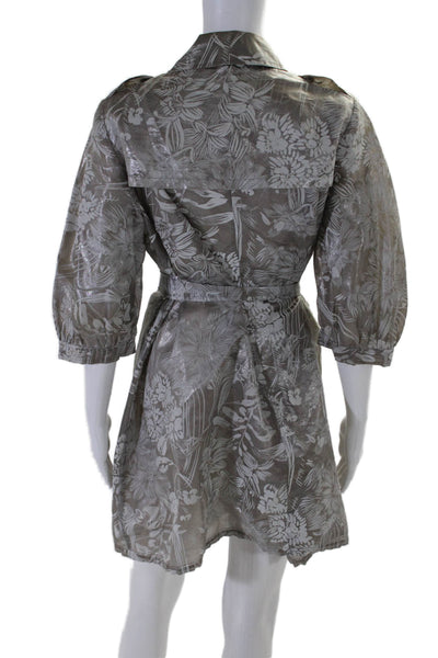 Armani Collezioni Womens Silk Blend Floral Print Belted Coat Gray White Size 4