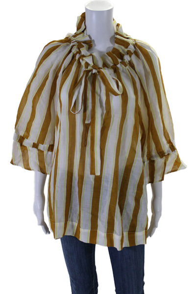 Lee Mathews Womens Linen Striped Key Hole Neck Blouse White Brown Size 1