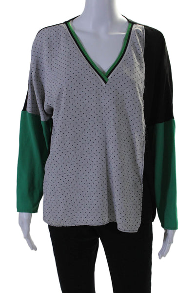 Ema Blues Womens Polka Dot Patchwork Long Sleeve Pullover Top Green Size 1