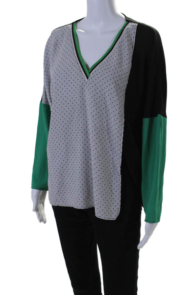 Ema Blues Womens Polka Dot Patchwork Long Sleeve Pullover Top Green Size 1