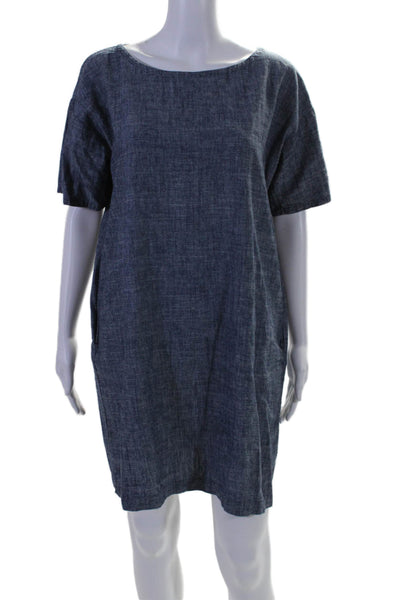 Eileen Fisher Women's Round Neck Short Sleeves Mini Shift Dress Blue Size PS