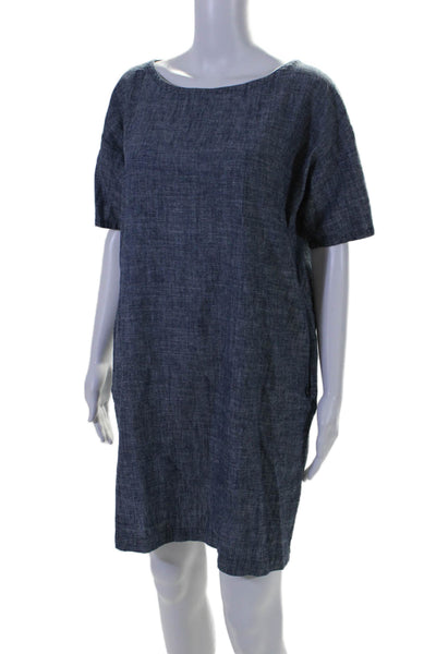 Eileen Fisher Women's Round Neck Short Sleeves Mini Shift Dress Blue Size PS