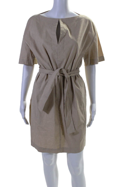 Theory Women's Short Sleeves V-Neck Belted Work Wear  Mini Dress Beige Size 6