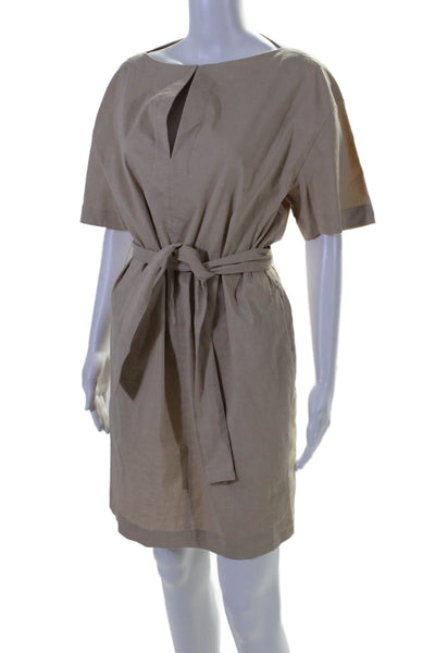 Theory Women's Short Sleeves V-Neck Belted Work Wear  Mini Dress Beige Size 6