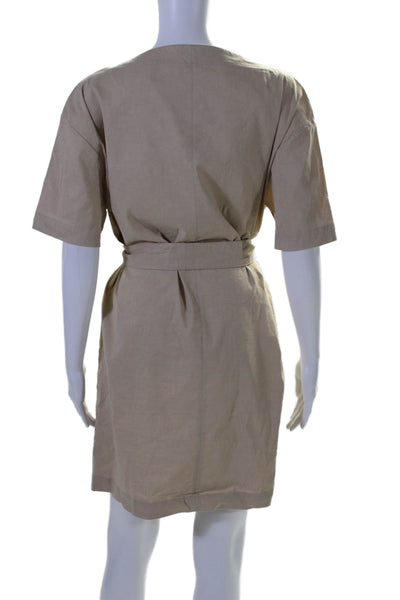 Theory Women's Short Sleeves V-Neck Belted Work Wear  Mini Dress Beige Size 6