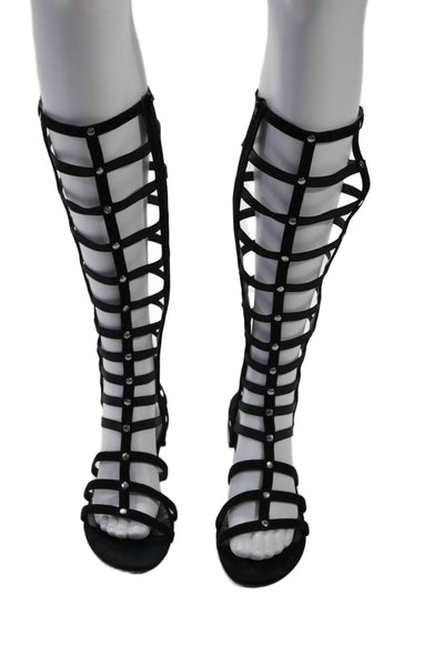Stuart Weitzman Womens Suede Studded Knee High Gladiator Sandals Black Size 9 M