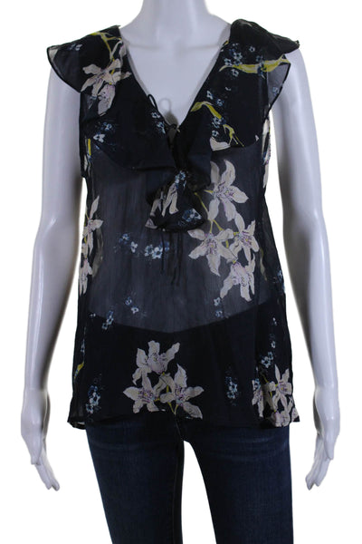 Paige Women's V-Neck Sleeveless Ruffle Sheer Floral Blouse Black Size S