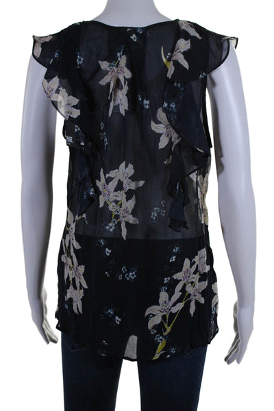 Paige Women's V-Neck Sleeveless Ruffle Sheer Floral Blouse Black Size S