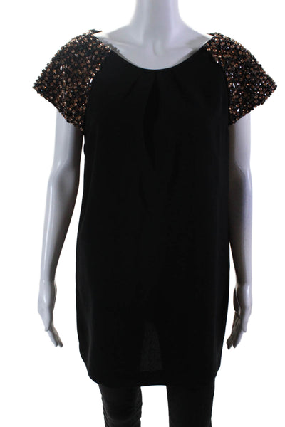 Prairie Womens Black Brown Crystal Detail Short Sleeve Blouse Top Size L