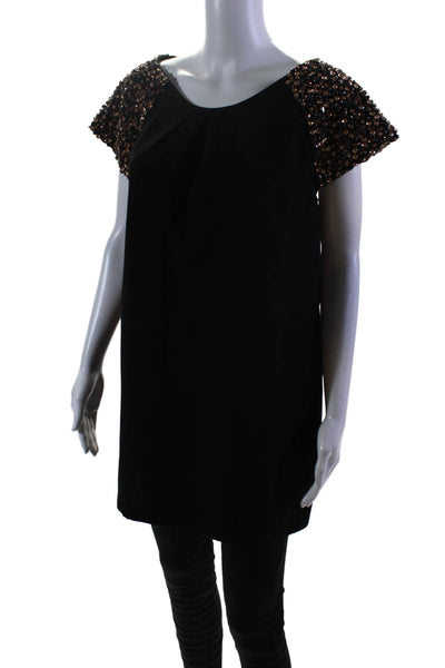 Prairie Womens Black Brown Crystal Detail Short Sleeve Blouse Top Size L