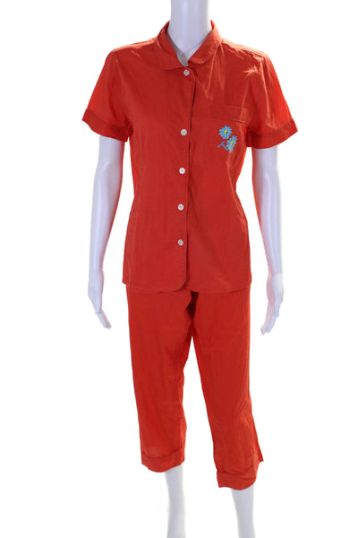 J Crew Womens Cotton Short Sleeve Button Up Shirt + Pants Pajama Set Red Size S