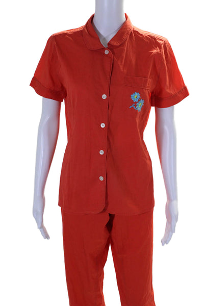 J Crew Womens Cotton Short Sleeve Button Up Shirt + Pants Pajama Set Red Size S