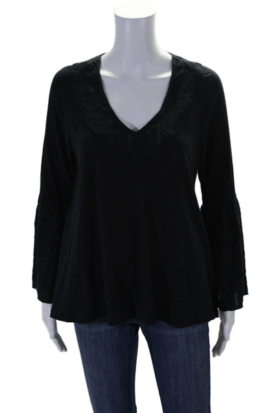 Free People Womens Eyelet Long Sleeves V Neck Blouse Black Size Extra Small