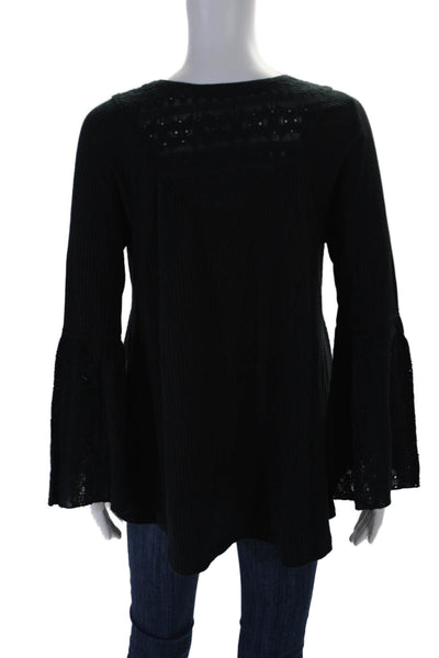 Free People Womens Eyelet Long Sleeves V Neck Blouse Black Size Extra Small