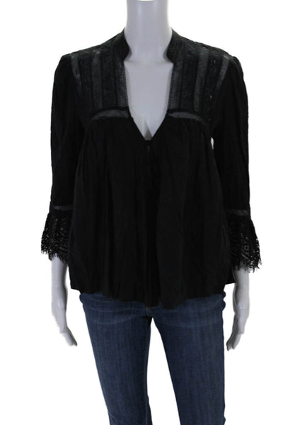 Free People Womens Lace Trim Long Sleeves Blouse Black Size Extra Small