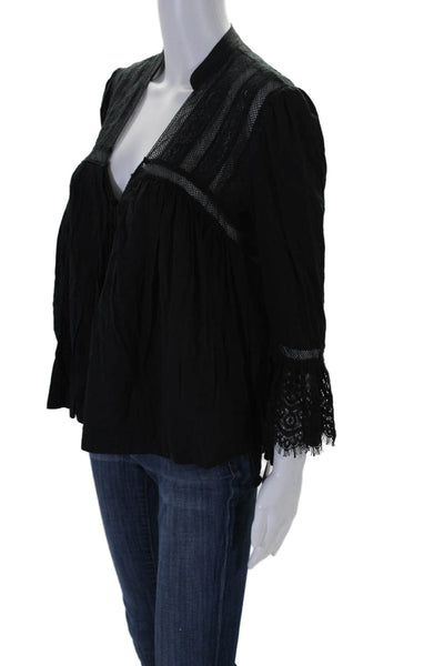 Free People Womens Lace Trim Long Sleeves Blouse Black Size Extra Small