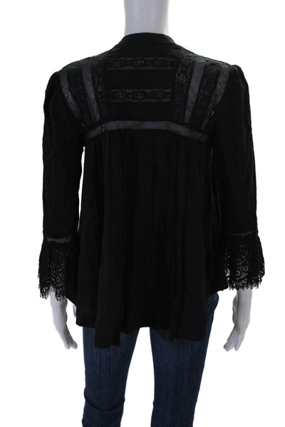 Free People Womens Lace Trim Long Sleeves Blouse Black Size Extra Small