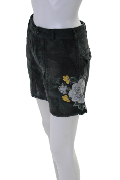 Free People Womens Camouflage Print Floral Embroidered Shorts Blue Black Size 0