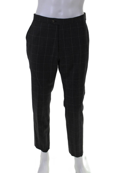 Indochino Mens Cotton Tapered Plaid Button Zip Dress Pants Brown Size M