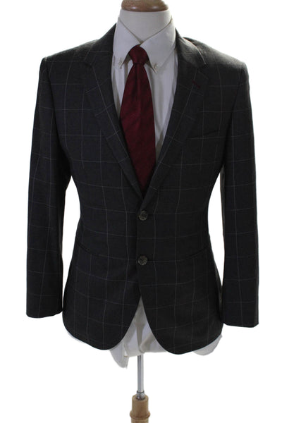 Indochino Mens V-neck Collar Button Fitted Plaid Suit Jacket Brown Size M