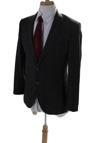 Indochino Mens V-neck Collar Button Fitted Plaid Suit Jacket Brown Size M