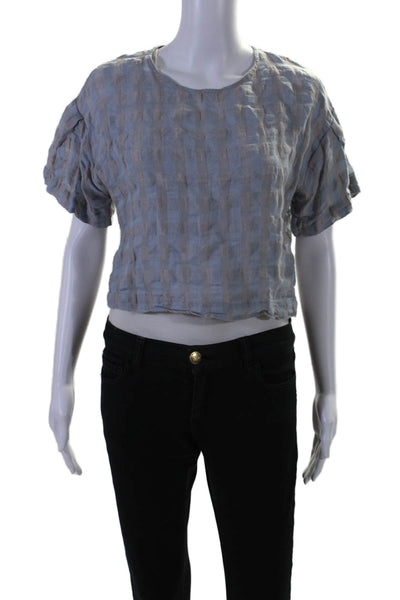 Eve Gravel Womens Linen Textured Cropped Round Neck Plaid Blouse Grey Size XS