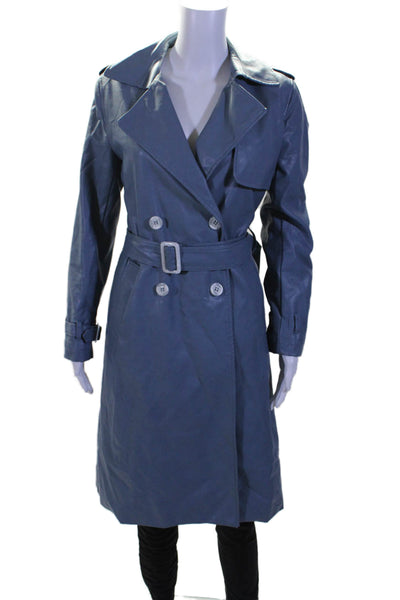 Apparis Womens Button Front Collared Long Trench Coat Leather Blue Small