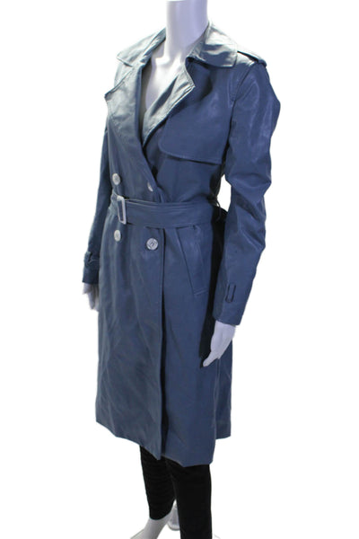 Apparis Womens Button Front Collared Long Trench Coat Leather Blue Small