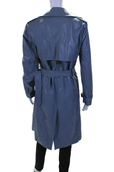 Apparis Womens Button Front Collared Long Trench Coat Leather Blue Small